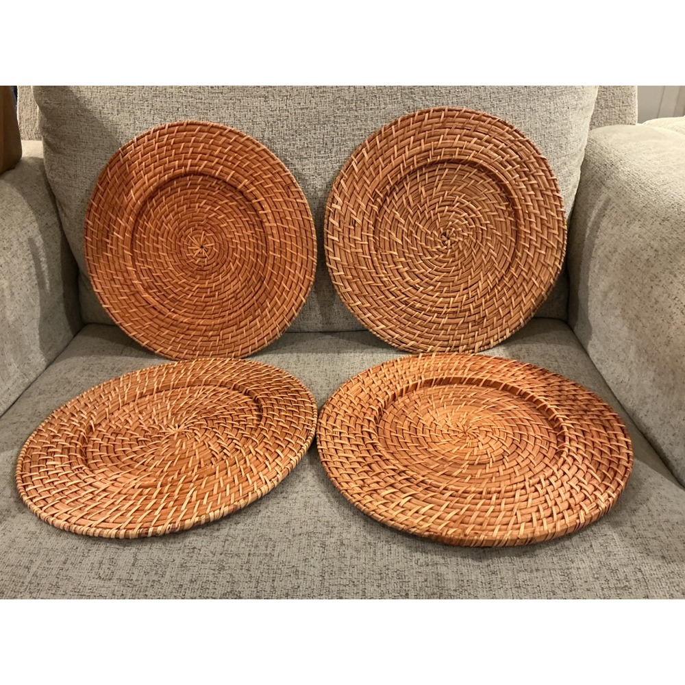 Set of 4 Woven Rattan Chargers Round Honey Brown Wicker Plate Placemats 12.5"